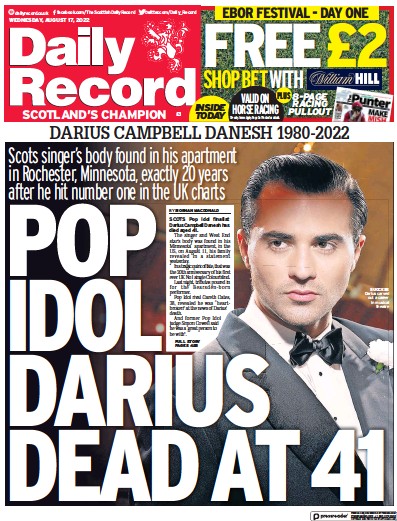 Daily Record Newspaper Front Page (UK) for 17 August 2022
