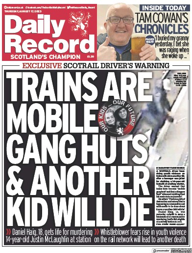 Daily Record Newspaper Front Page (UK) for 17 August 2023