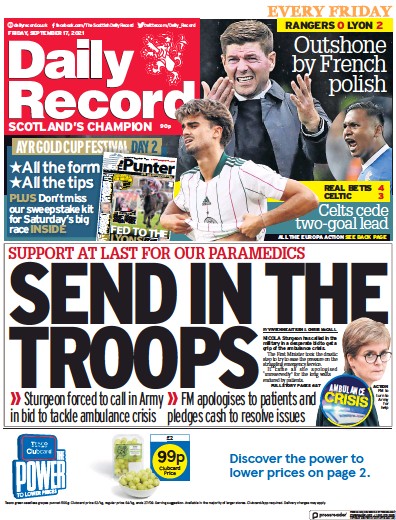 Daily Record Newspaper Front Page (UK) for 17 September 2021