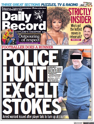 Daily Record Newspaper Front Page (UK) for 17 September 2022