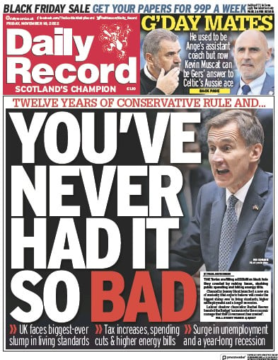 Daily Record Newspaper Front Page (UK) for 18 November 2022