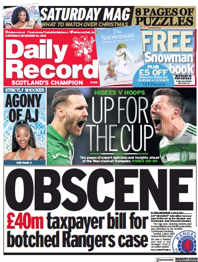 Daily Record Newspaper Front Page (UK) for 18 December 2021