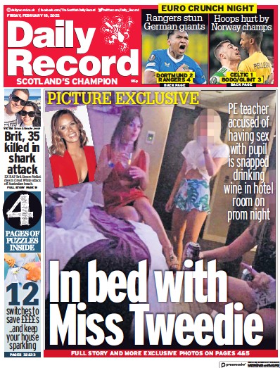 Daily Record Newspaper Front Page (UK) for 18 February 2022