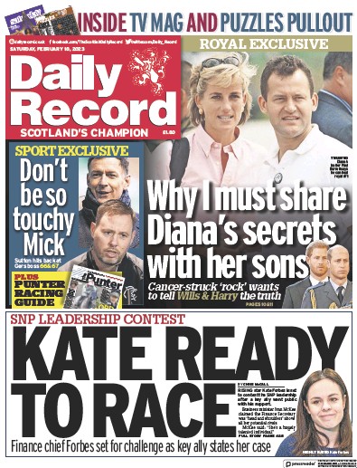 Daily Record Newspaper Front Page (UK) for 18 February 2023
