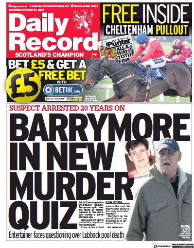 Daily Record Newspaper Front Page (UK) for 18 March 2021