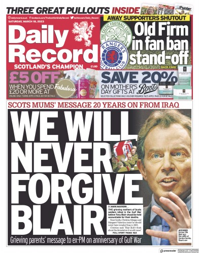 Daily Record Newspaper Front Page (UK) for 18 March 2023