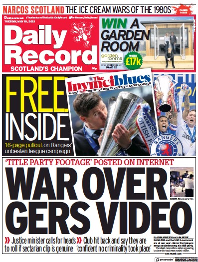 Daily Record Newspaper Front Page (UK) for 18 May 2021