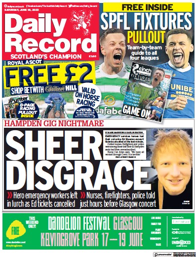 Daily Record Newspaper Front Page (UK) for 18 June 2022