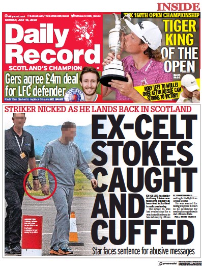 Daily Record Newspaper Front Page (UK) for 18 July 2022