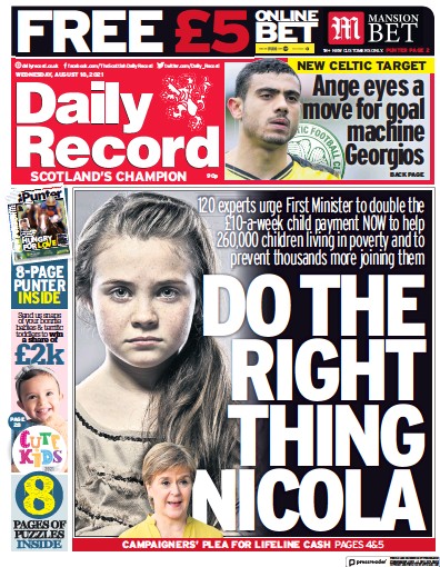 Daily Record Newspaper Front Page (UK) for 18 August 2021