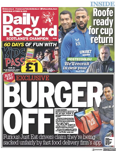 Daily Record Newspaper Front Page (UK) for 19 October 2022