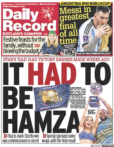 Daily Record Newspaper Front Page (UK) for 19 December 2022