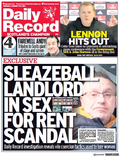 Daily Record Newspaper Front Page (UK) for 19 January 2021