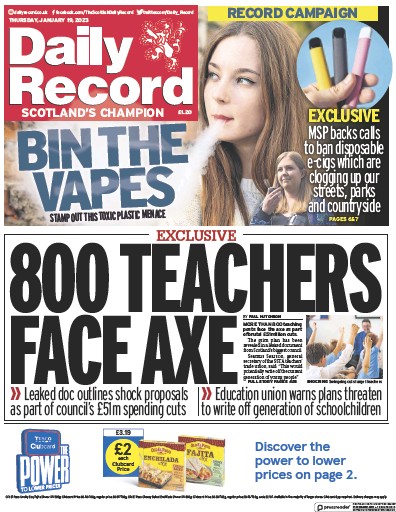 Daily Record Newspaper Front Page (UK) for 19 January 2023