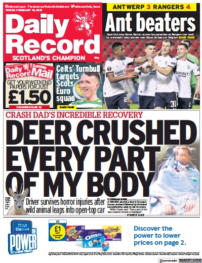 Daily Record Newspaper Front Page (UK) for 19 February 2021