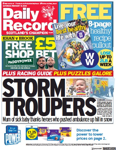 Daily Record Newspaper Front Page (UK) for 19 February 2022