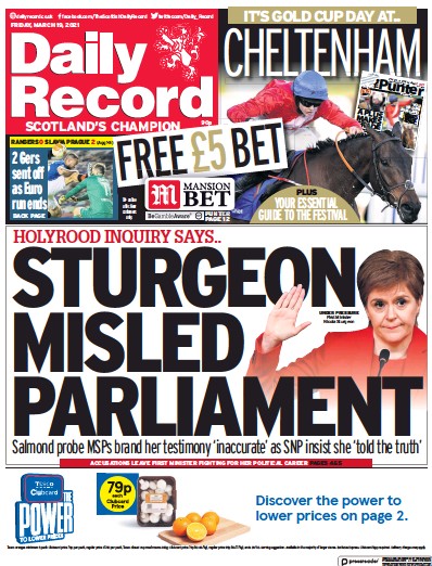 Daily Record Newspaper Front Page (UK) for 19 March 2021
