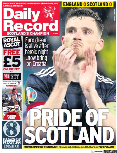 Daily Record Newspaper Front Page (UK) for 19 June 2021