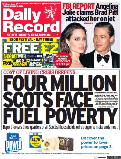 Daily Record Newspaper Front Page (UK) for 19 August 2022