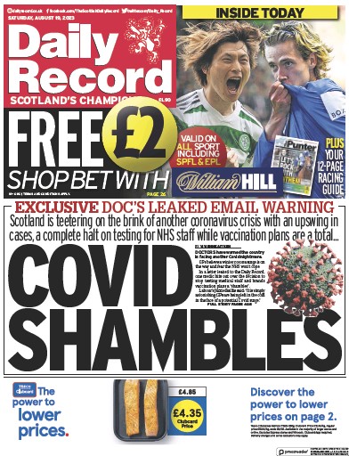 Daily Record Newspaper Front Page (UK) for 19 August 2023