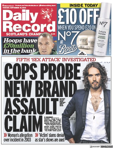 Daily Record Newspaper Front Page (UK) for 19 September 2023