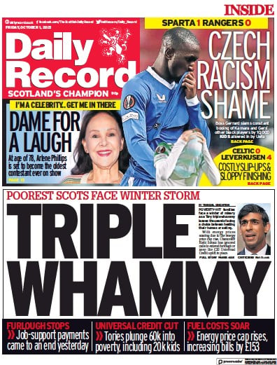 Daily Record Newspaper Front Page (UK) for 1 October 2021