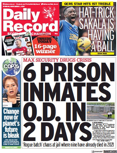 Daily Record Newspaper Front Page (UK) for 1 November 2021