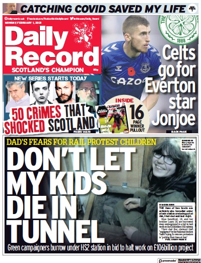 Daily Record Newspaper Front Page (UK) for 1 February 2021