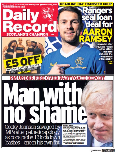 Daily Record Newspaper Front Page (UK) for 1 February 2022