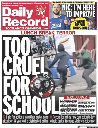 Daily Record Newspaper Front Page (UK) for 1 February 2023