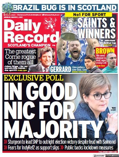 Daily Record Newspaper Front Page (UK) for 1 March 2021