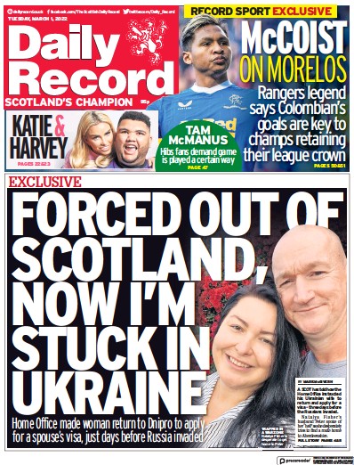 Daily Record Newspaper Front Page (UK) for 1 March 2022