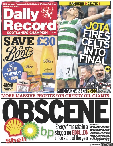 Daily Record Newspaper Front Page (UK) for 1 May 2023