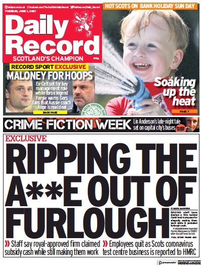 Daily Record Newspaper Front Page (UK) for 1 June 2021