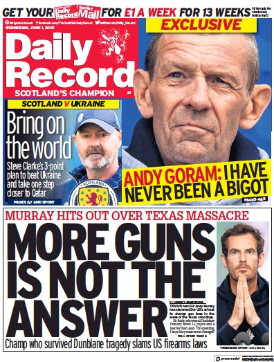Daily Record Newspaper Front Page (UK) for 1 June 2022