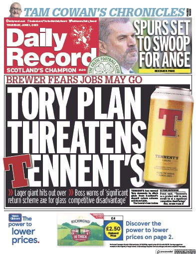 Daily Record Newspaper Front Page (UK) for 1 June 2023