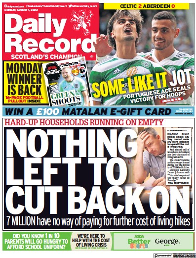 Daily Record Newspaper Front Page (UK) for 1 August 2022