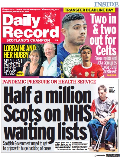 Daily Record Newspaper Front Page (UK) for 1 September 2021