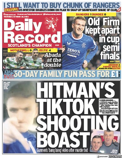 Daily Record Newspaper Front Page (UK) for 20 October 2022