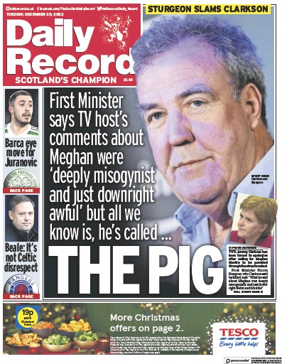 Daily Record Newspaper Front Page (UK) for 20 December 2022