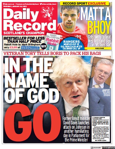 Daily Record Newspaper Front Page (UK) for 20 January 2022