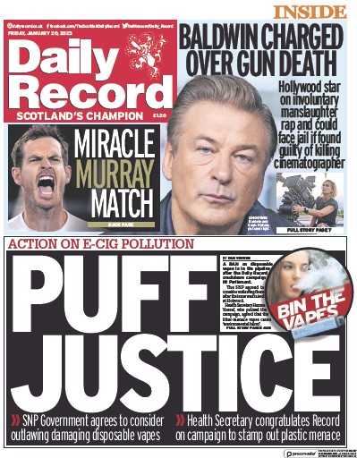 Daily Record Newspaper Front Page (UK) for 20 January 2023