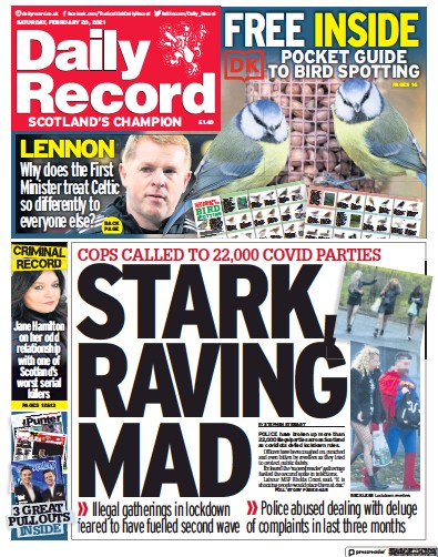 Daily Record Newspaper Front Page (UK) for 20 February 2021
