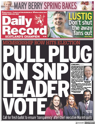 Daily Record Newspaper Front Page (UK) for 20 March 2023