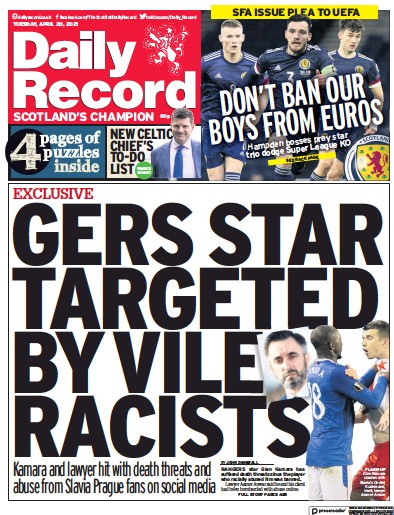 Daily Record Newspaper Front Page (UK) for 20 April 2021