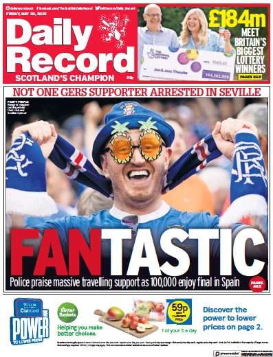 Daily Record Newspaper Front Page (UK) for 20 May 2022
