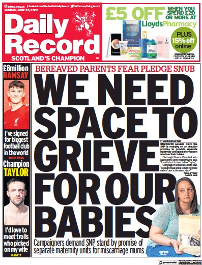 Daily Record Newspaper Front Page (UK) for 20 June 2022