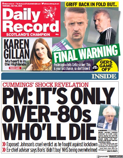 Daily Record Newspaper Front Page (UK) for 20 July 2021