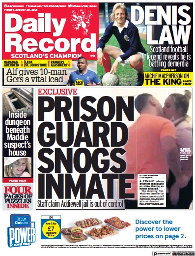 Daily Record Newspaper Front Page (UK) for 20 August 2021