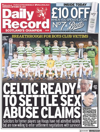 Daily Record Newspaper Front Page (UK) for 20 September 2023